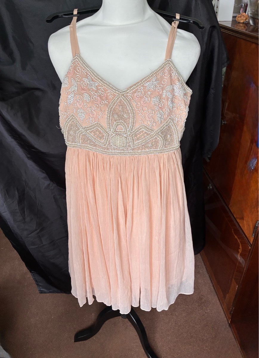 Miss Selfridge Fairycore Pastel Peach Heavily Beaded Bodice Cocktail Dress Size UK6