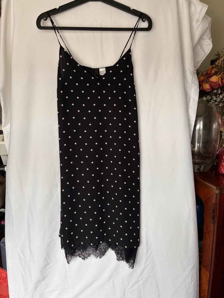Grunge Y2K Black Polka Dot Cami Dress with Lace Size UK 6