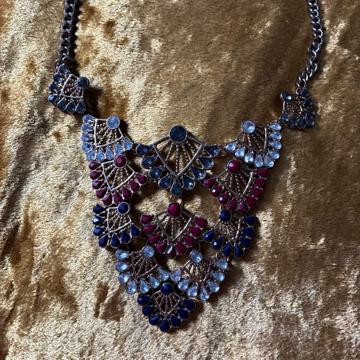 Vintage Art Deco Style Fan Necklace Red Blue Crystals Heavy Statement Gold Tone