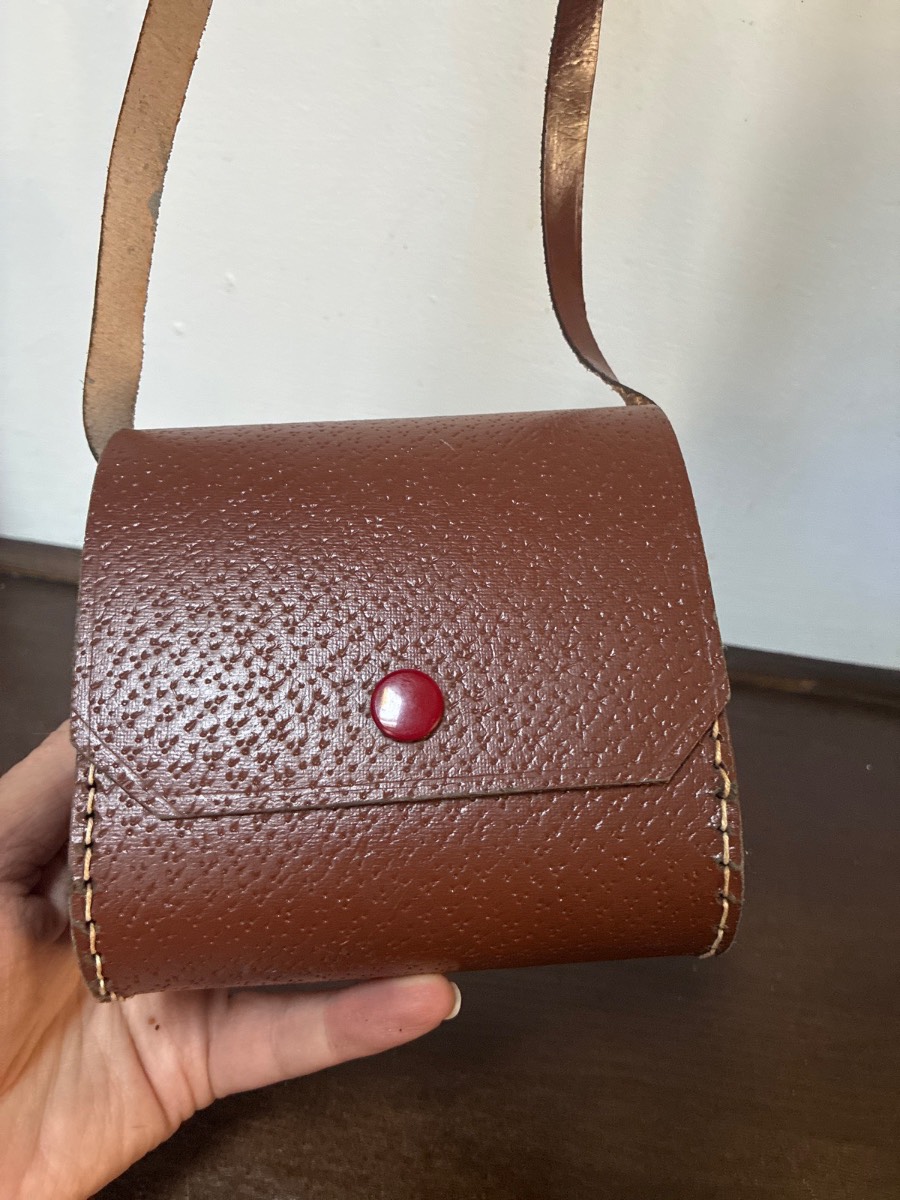 Vintage Brown Leather Binocular Crossbody Case – Red Lined, Shoulder Strap