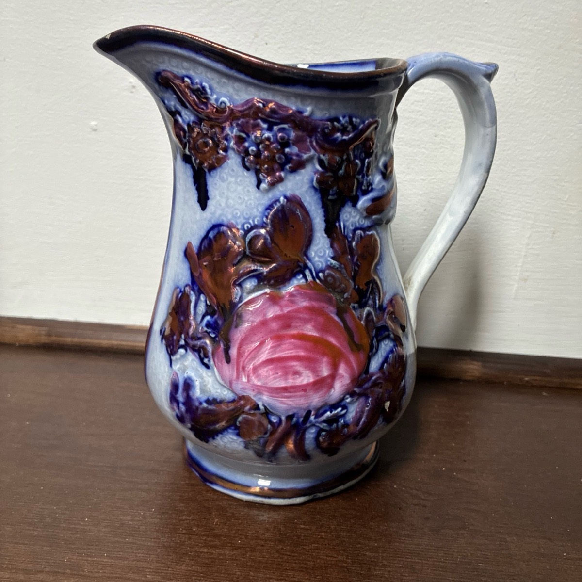 Cottagecore Antique Victorian Flow Blue Jug/ Vase Copper Lustre & Relief Rose c.1890s