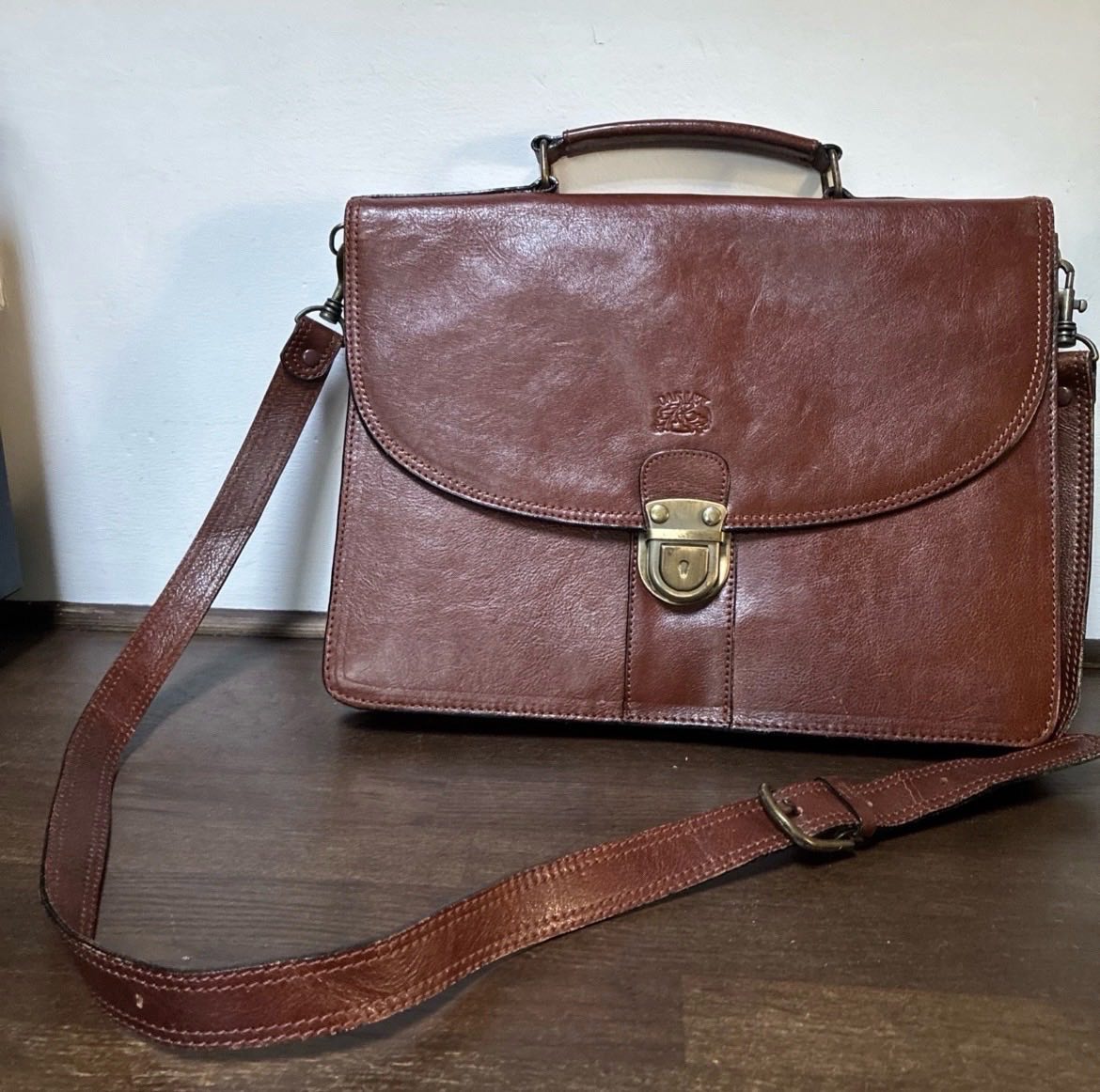 Leather Satchel Messenger Bag Oakley By Tula Chestnut Brown Brass Hardware Vtg