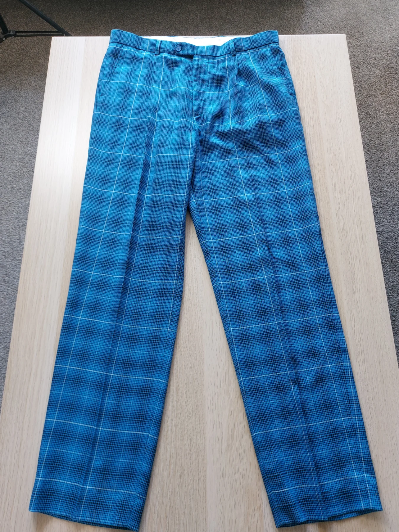 Stromberg Mens Blue Plaid Check Golf Trousers Pants 36L W36 L34 Teflon Coated