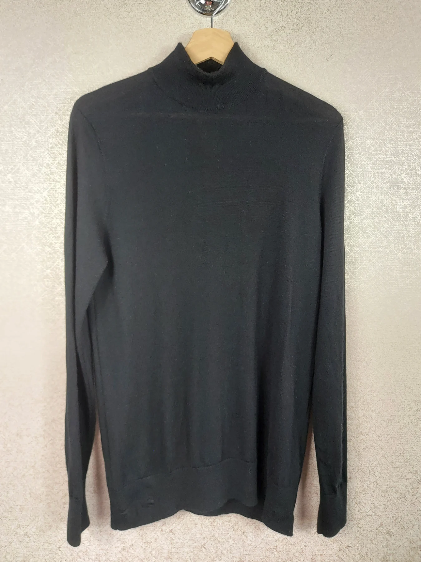 Kin John Lewis Men's Black Merino Wool Turtleneck Jumper Fine Knit Sweater Small