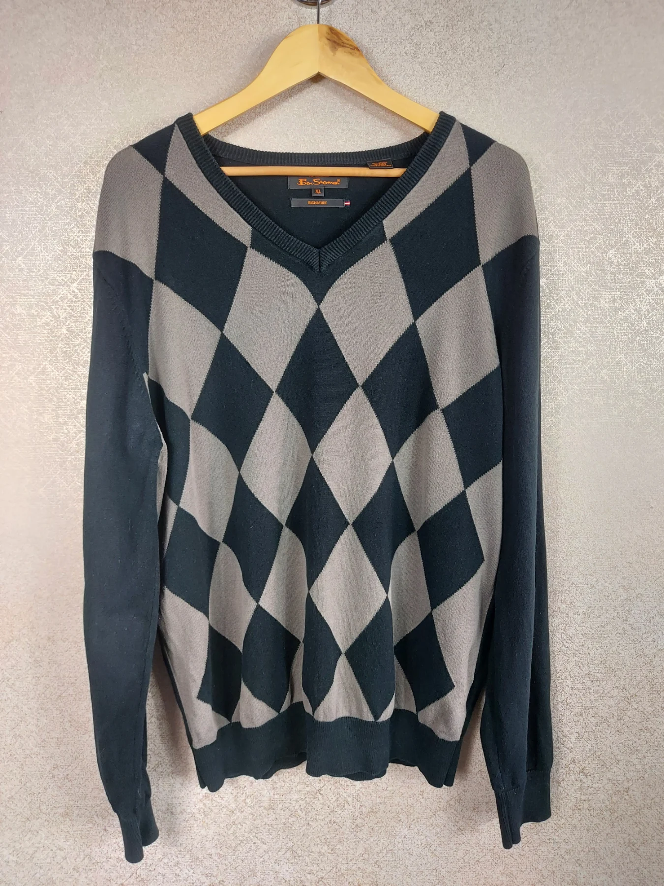 Ben Sherman Signature Argyle Jumper Men's XL Black Grey 100% Cotton V Neck Knit