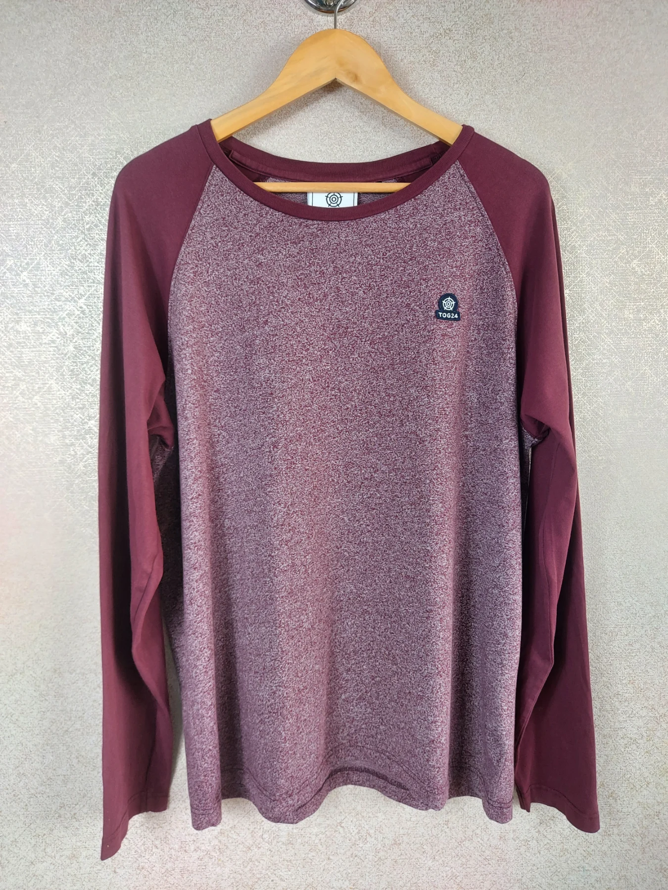 Tog24 Men's Eston Long Sleeve T-shirt Large L Burgundy Marl Raglan Casual Top