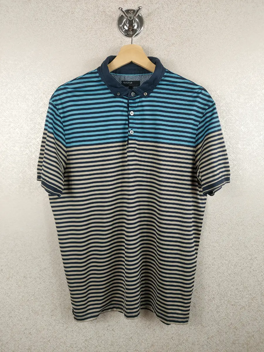 M&S Autograph Men's Polo Shirt Large L Blue Striped Supima Cotton Tailored Fit