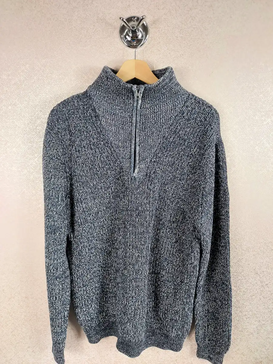Folk Men’s Quarter Zip Chunky Knit Cotton Jumper - Grey Blue (Size 4 / L)