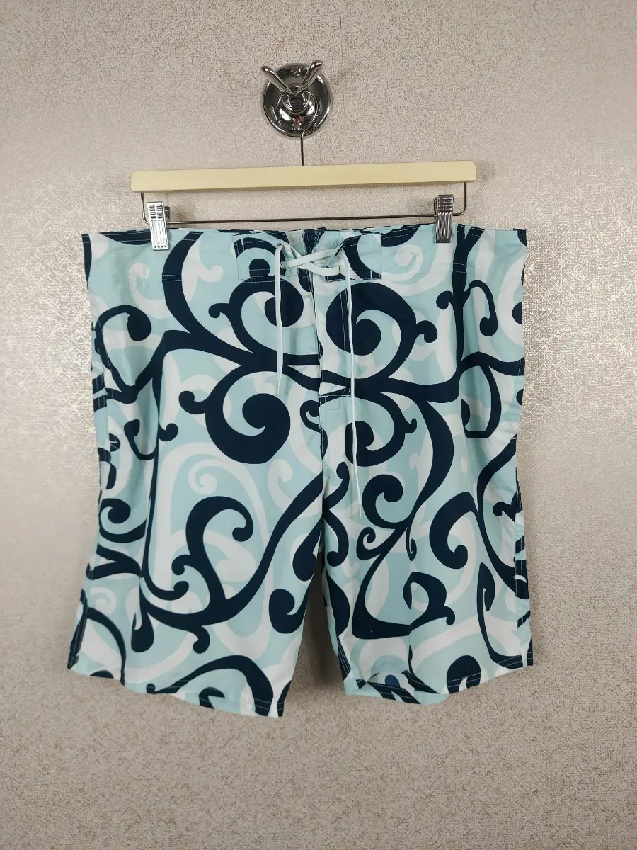 Boardwear Men's Large Swim Shorts Trunks Blue White Baroque Scroll Swirl Surfer