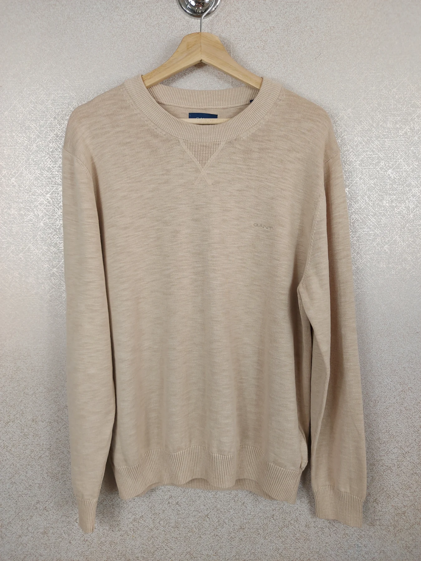 Gant Mens Jumper M Beige Cotton Crew Neck Knit Sweater Pullover Long Sleeve Top