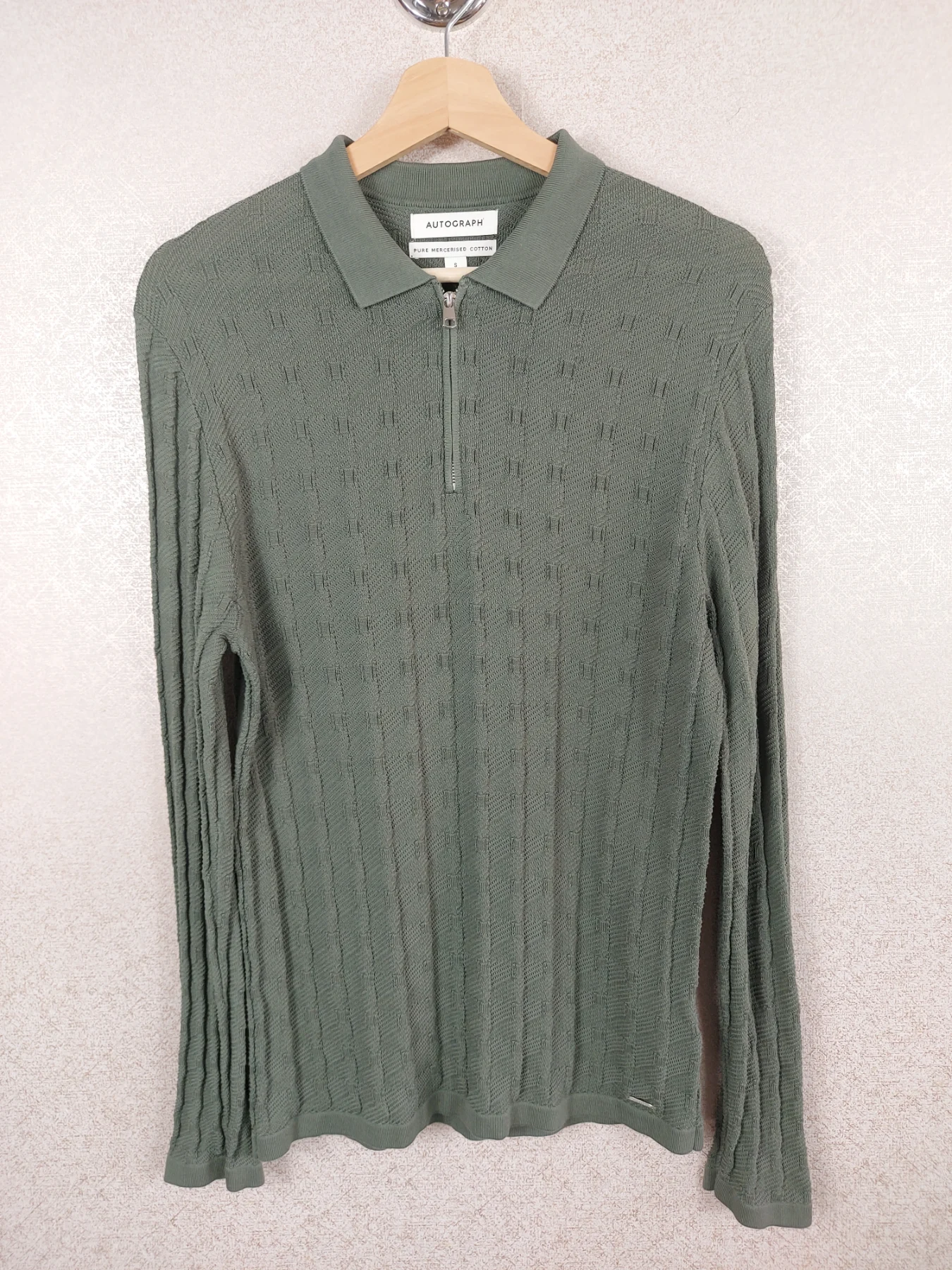 M&S Autograph Men's Mercerised Cotton Knit Half Zip Polo Shirt Khaki Green Small