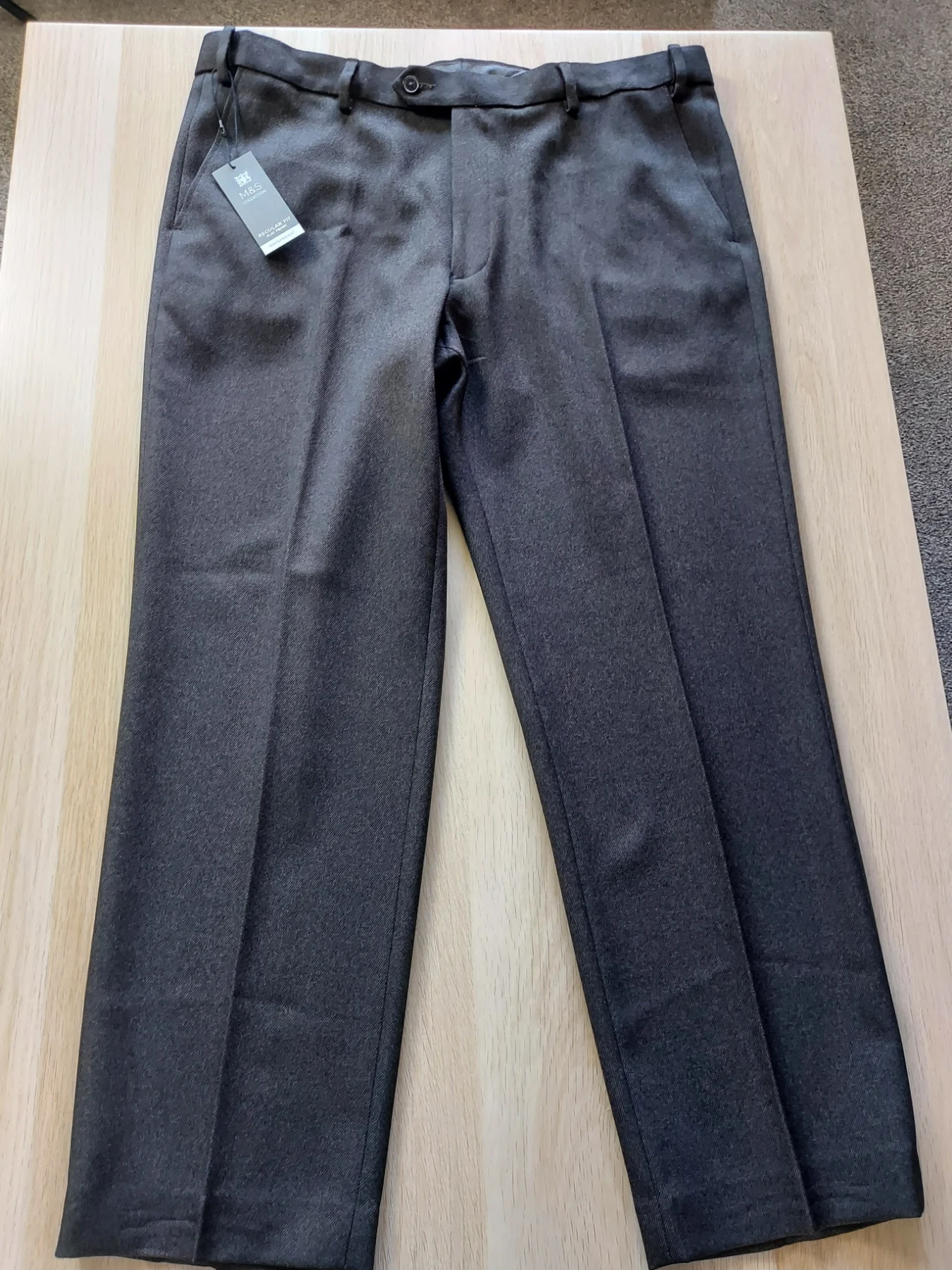 M&S Men's Charcoal Grey Trousers Regular Fit Flat Front Winterweight Pants NWT