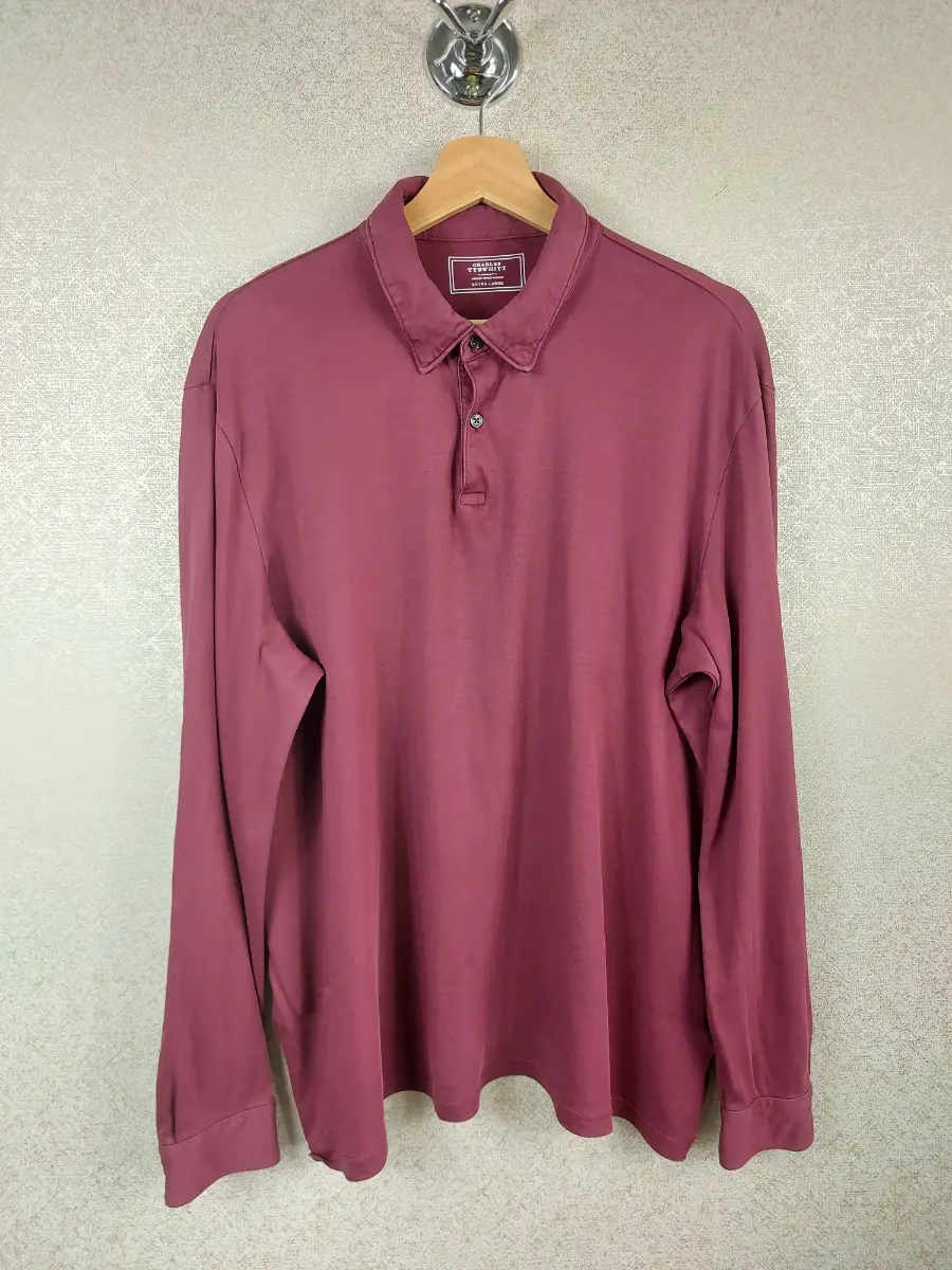 Charles Tyrwhitt Men XL Polo Shirt Long Sleeve Wine Burgundy Smart Cotton Jersey