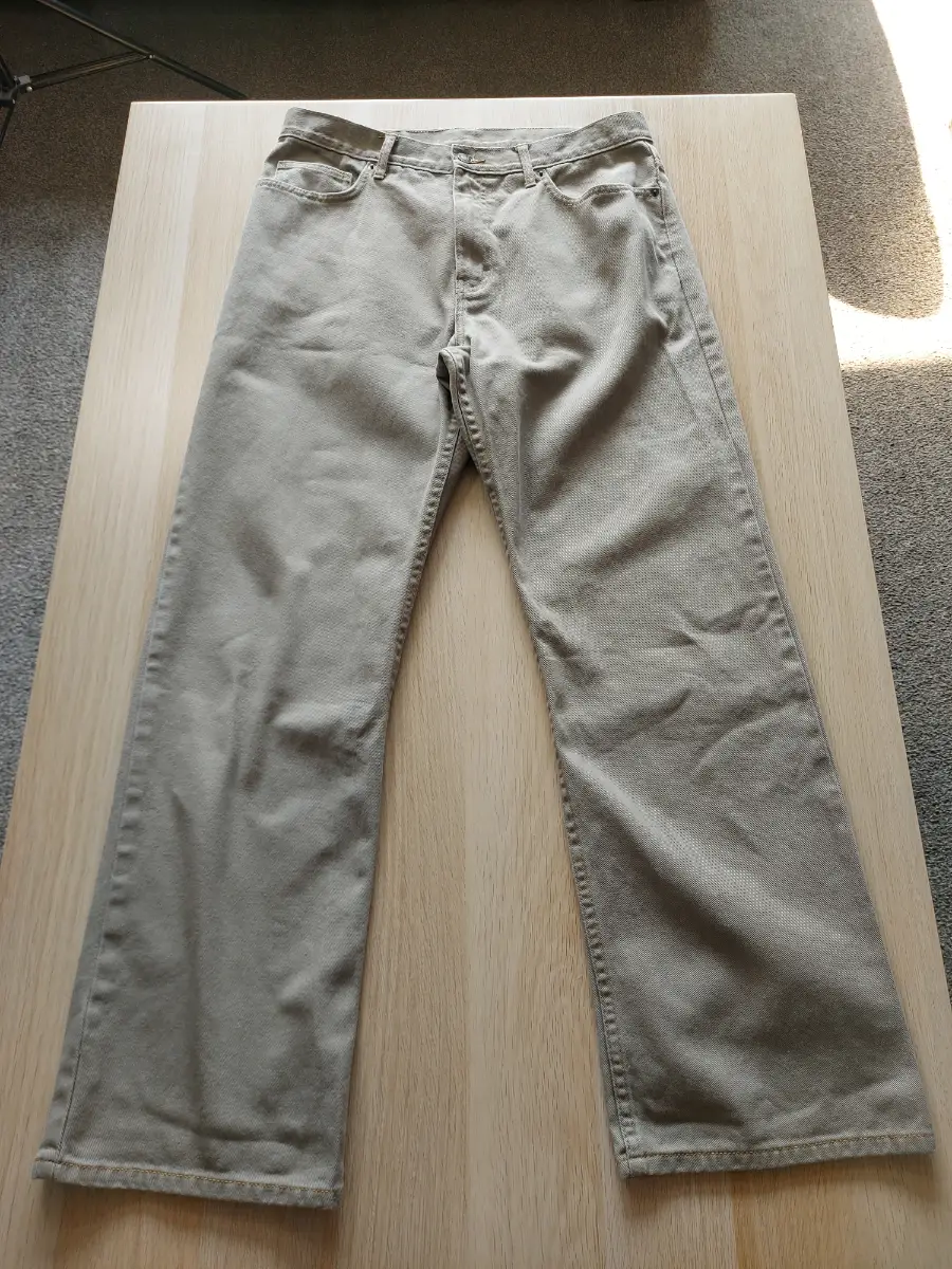 M&S Blue Harbour Mens Jeans W34 L31 Straight Leg Beige Khaki Denim Trousers Pant