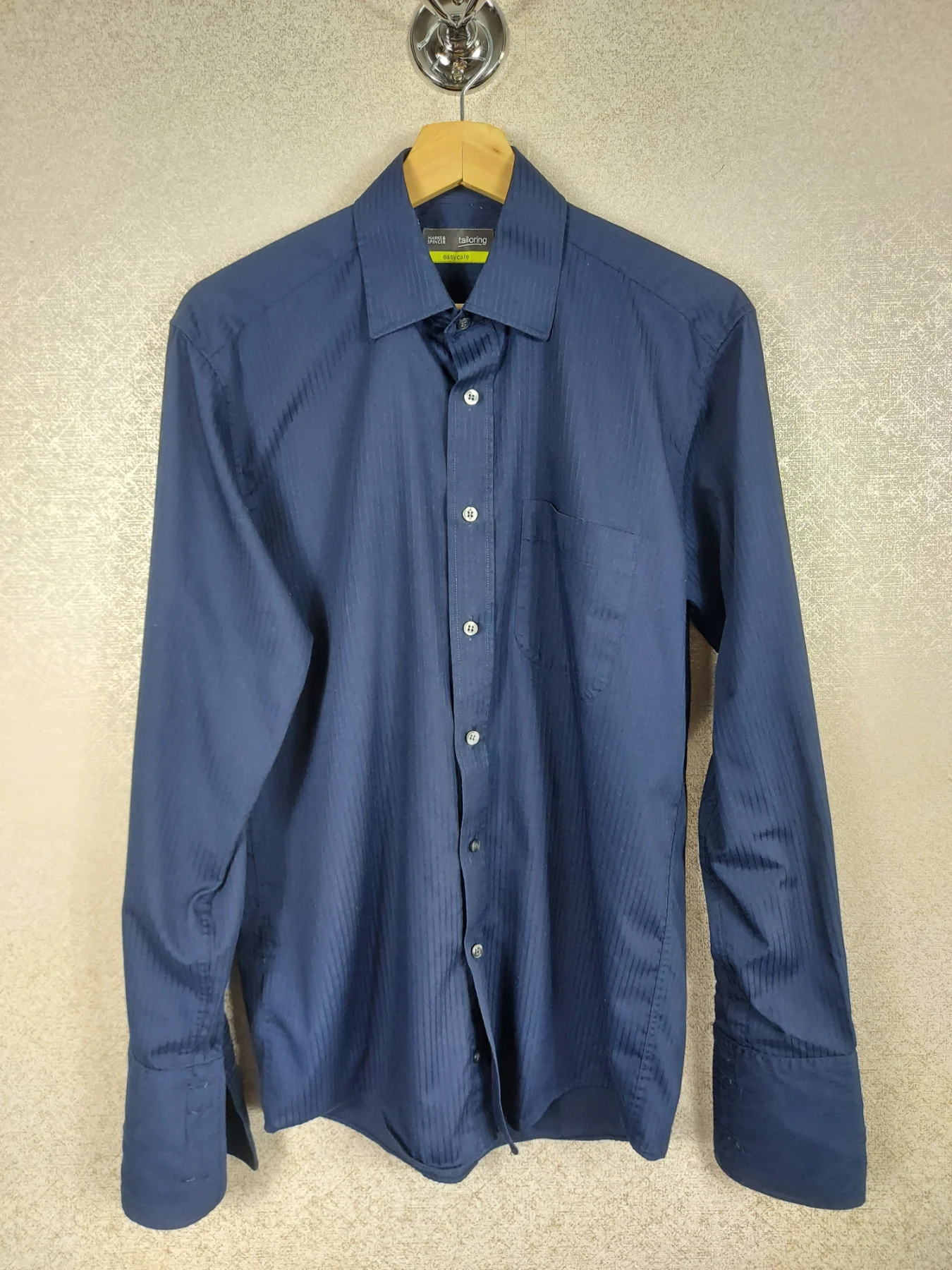 M&S Marks Spencer Tailoring Men's Navy Blue Easy Care Textured Dress Shirt 15 38