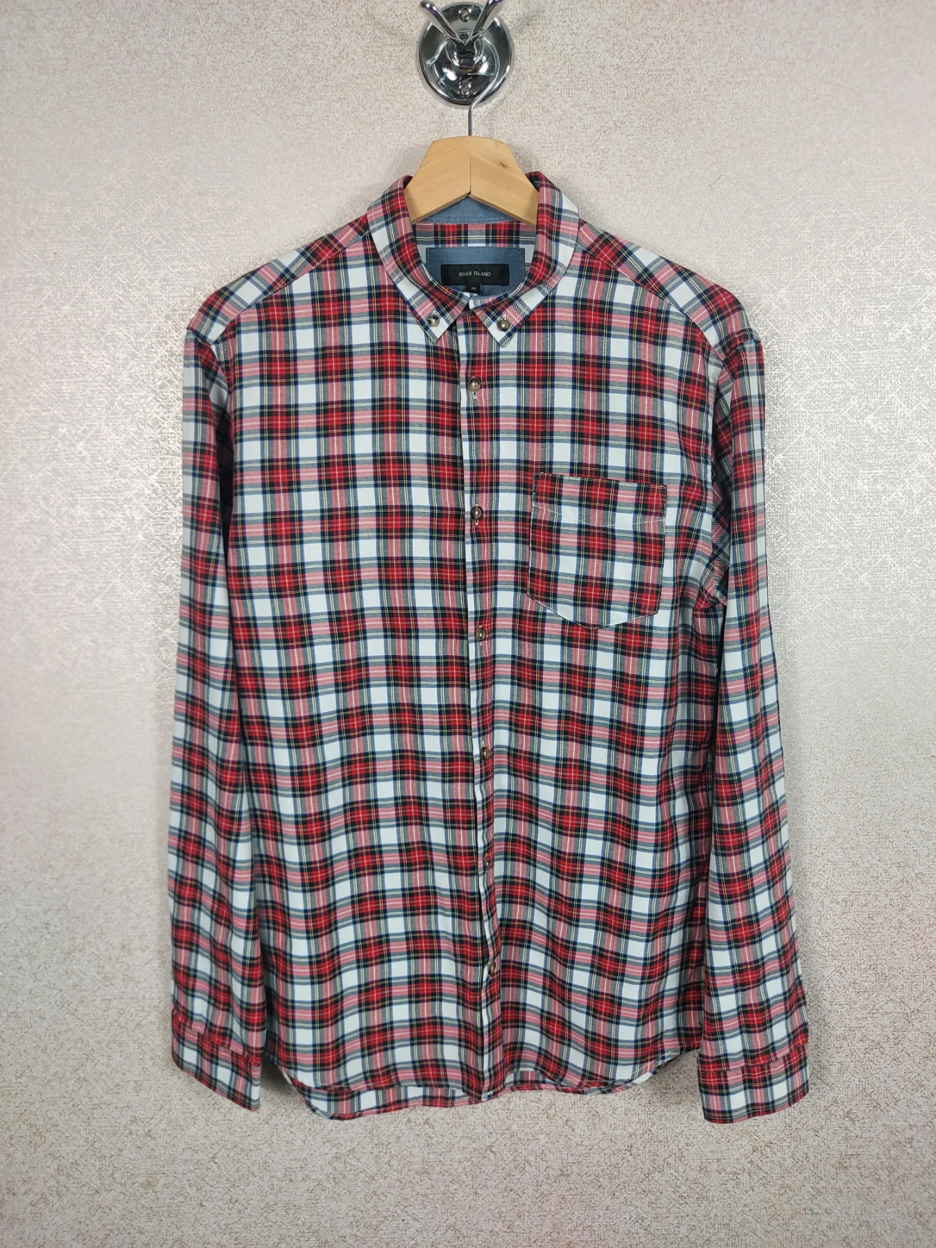 River Island Mens Plaid Checked Shirt Medium Red White Long Sleeve Casual Grunge