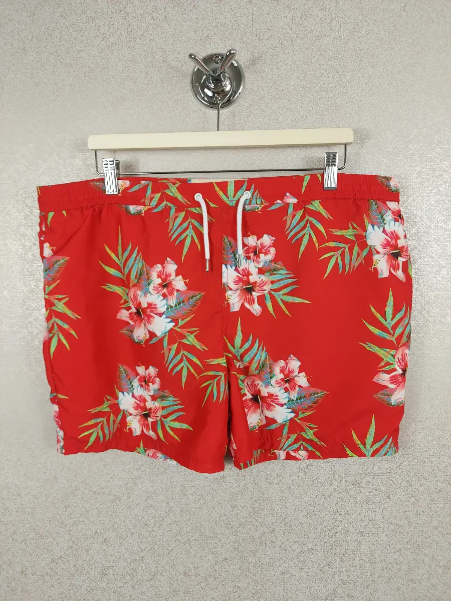 Outcast Men's Swim Shorts Large Red Tropical Hawaiian Flowers Swimming Trunks