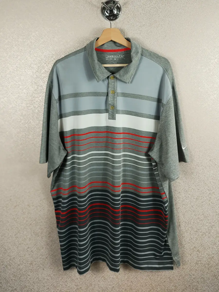 Nike Golf Polo Shirt Mens XL Grey Red Striped Dri-Fit Sports Top