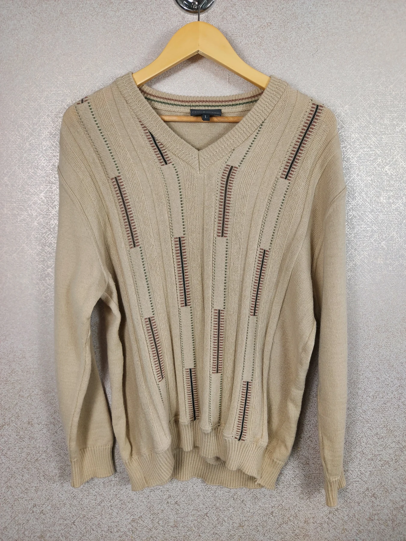 Vintage Peter Gribby Wool Blend V Neck Jumper Large Beige Textured 90s Sweater