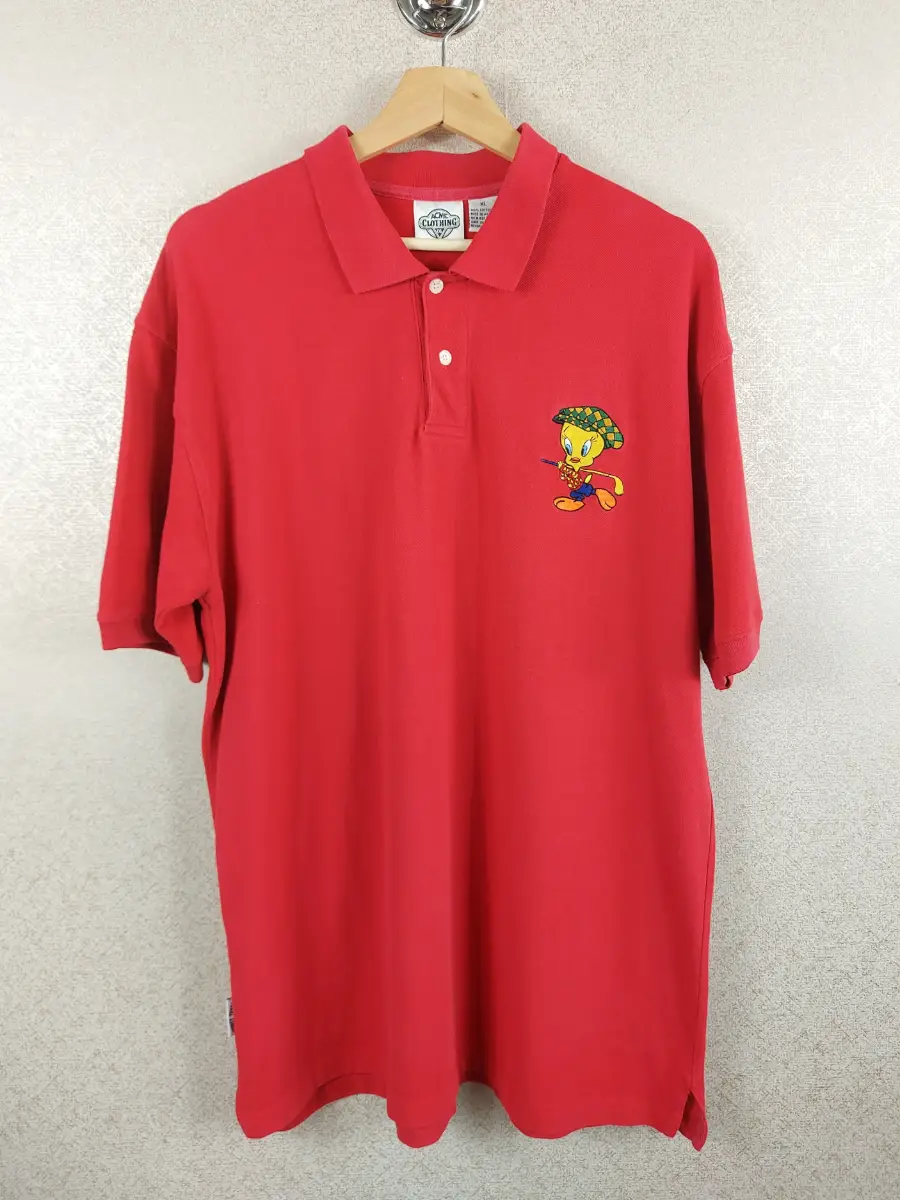 Vintage Looney Tunes Tweety Bird Golf Polo Shirt Red Acme Clothing Size XL