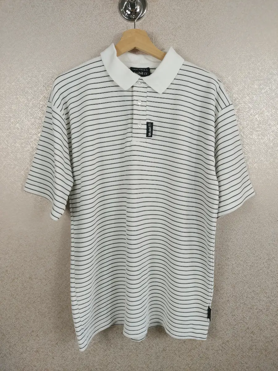Vintage Mobil 1 Polo Shirt Mens Medium White Striped Terry Towelling Racing Golf