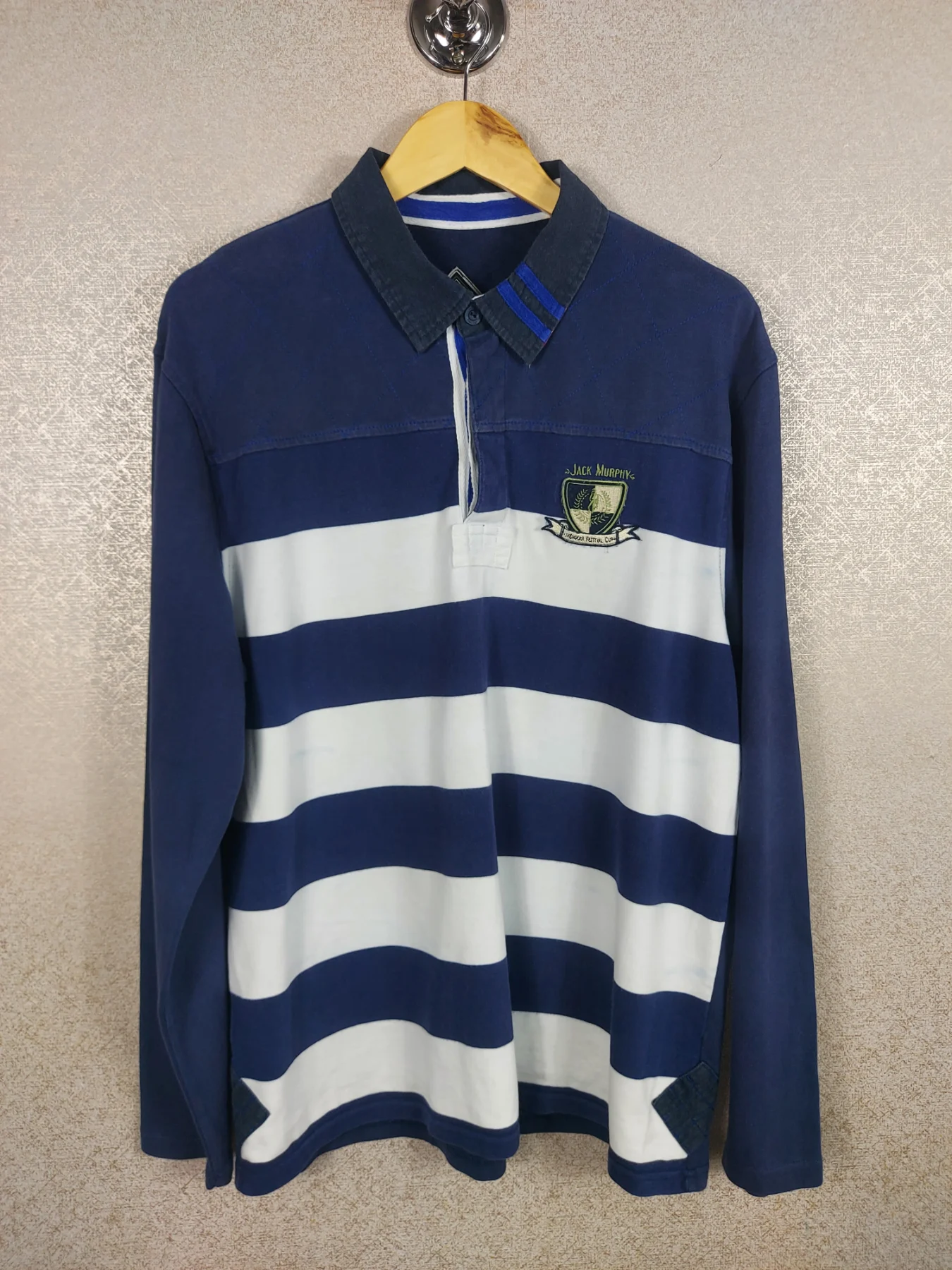 Jack Murphy Men's Rugby Shirt Large L Cotton Blue White Striped Vintage Polo Top