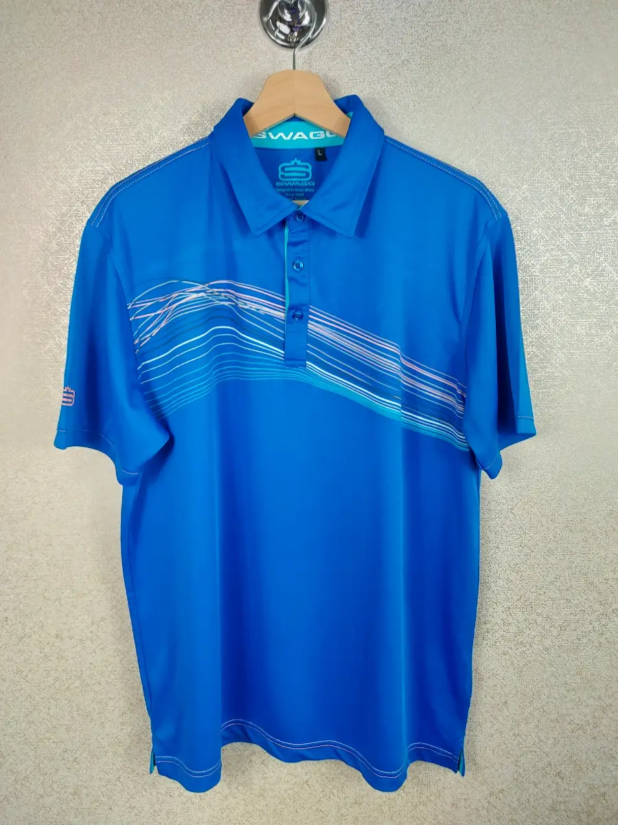 Swagg Mens L Golf Polo Shirt Blue Graphic Stripe Short Sleeve Dry Tech VGC