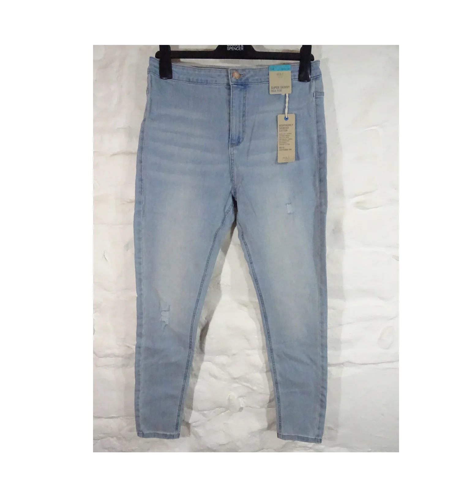M&S Denim Size 14R Super Skinny High Rise Ankle Grazer Jeans in Distressed Indigo Blue Wash: 27" Leg