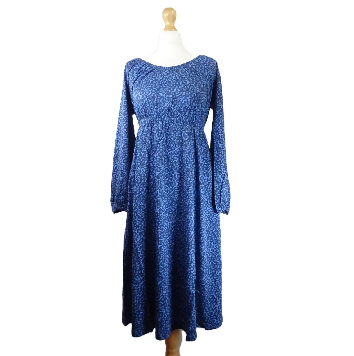 Boden Scooped Neck Midi Dress Size 10P Blue Floral Print Cotton Jersey 34" Bust