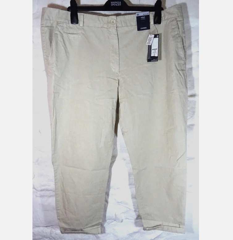 M&S Collection Size 20R Chinos Ankle Grazer Trousers Cream Ecru Cotton: 26" Leg