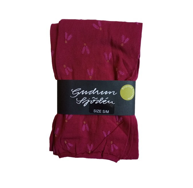 Gudrun Sjoden Fjat Footless Tights Size S/M 10-12-14 Burgundy Red Bird Print