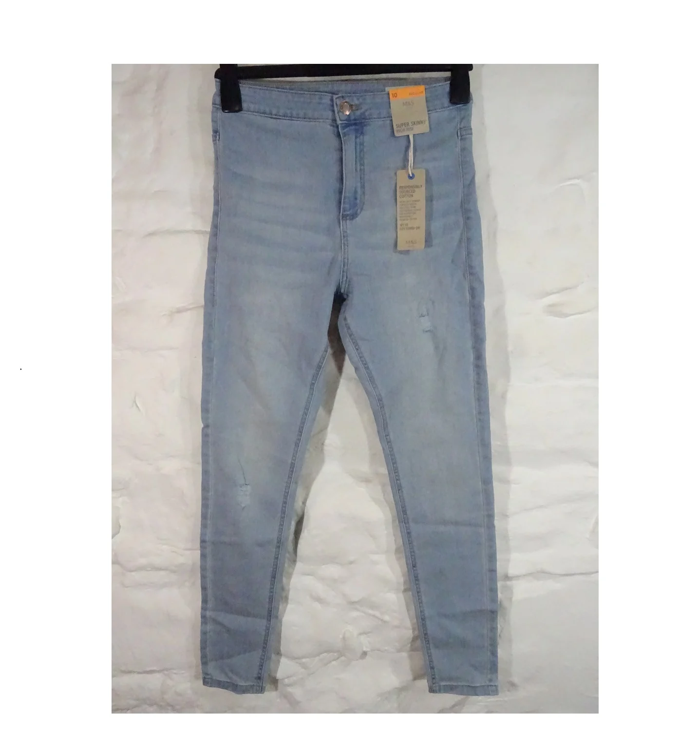 M&S Denim Size 10R Super Skinny High Rise Ankle Grazer Jeans in Distressed Indigo Blue Wash: 28" Leg