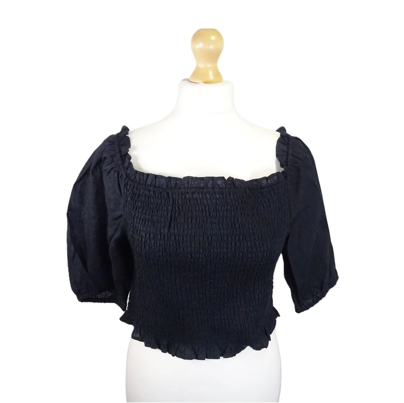 Boden Carrie Smocked Top Size 22 Peasant Blouse Black in Pure Linen