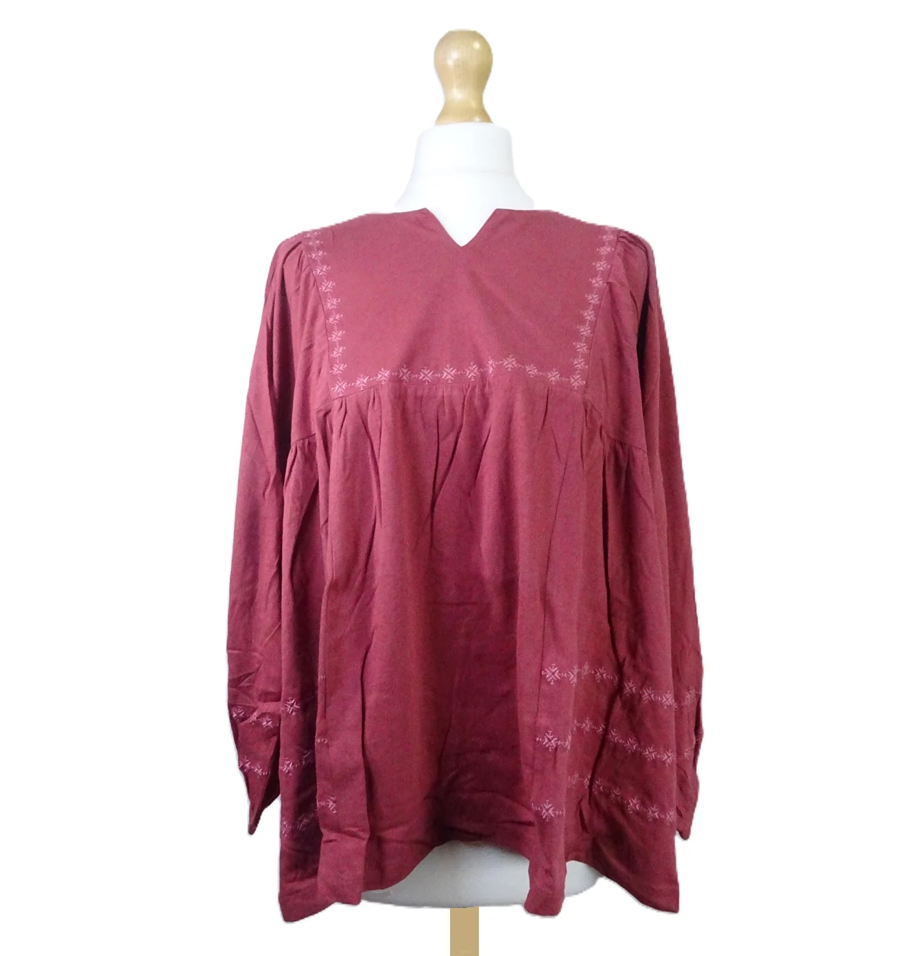 Gudrun Sjoden Cora Smock Blouse Size XL 20-22 Burgundy Red Artists Tunic Top: 50" Bust