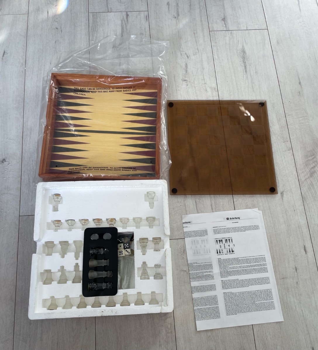 Vintage wooden box glass chess/backgammon set with storage drawer by pavilion