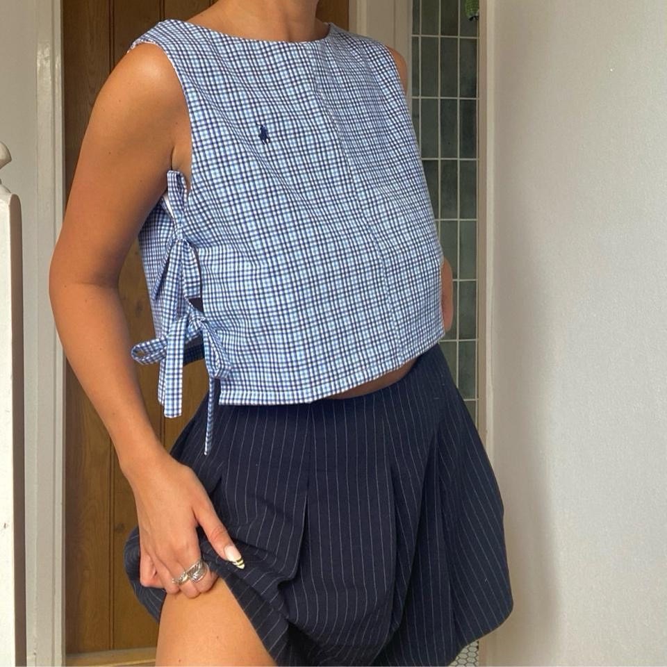 Handmade reworked Ralph Lauren plaid/ gingham summer side tie bow top in blue/ white/ black