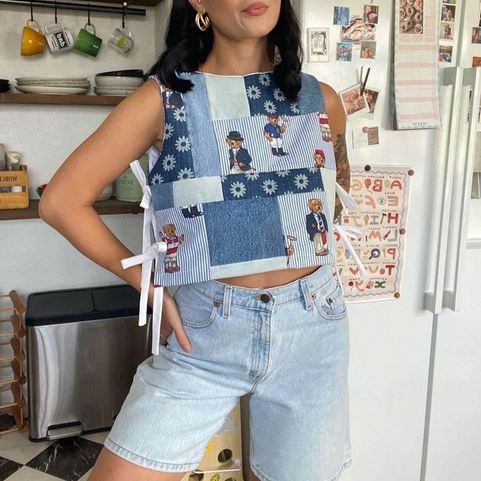 Handmade reworked Ralph Lauren patchwork teddy bear and (daisy) denim summer side tie bow top in blu