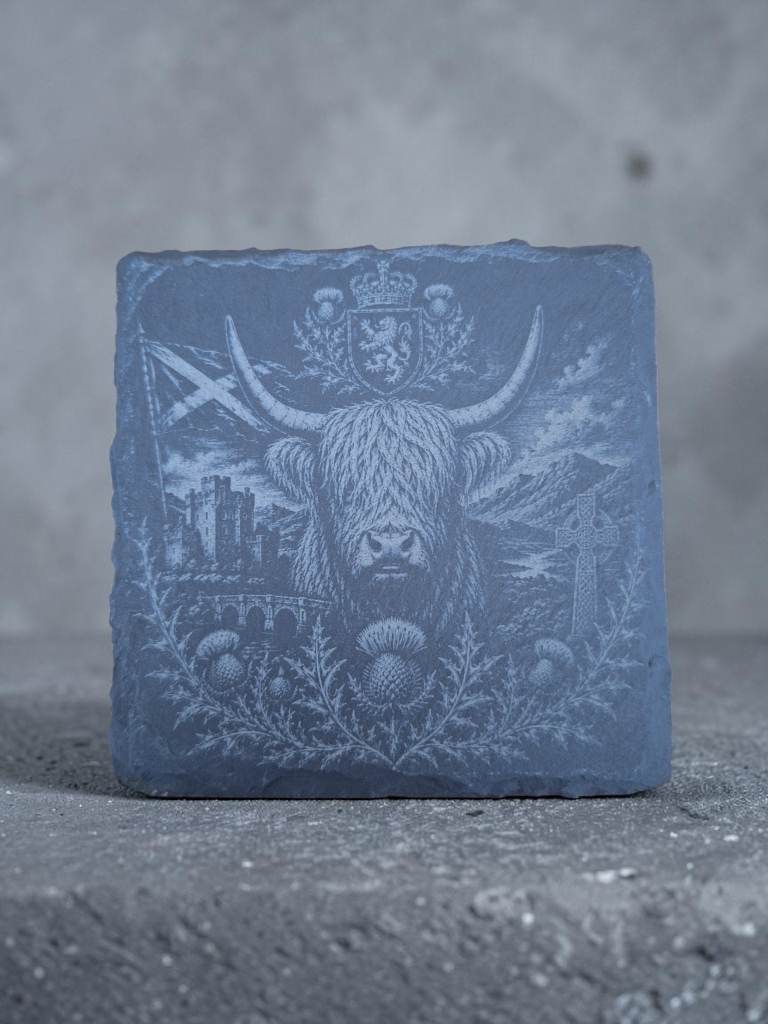 Scottish Highland Cow Slate Coaster – Engraved Highland Coo with Scottish Landscape – 10cm