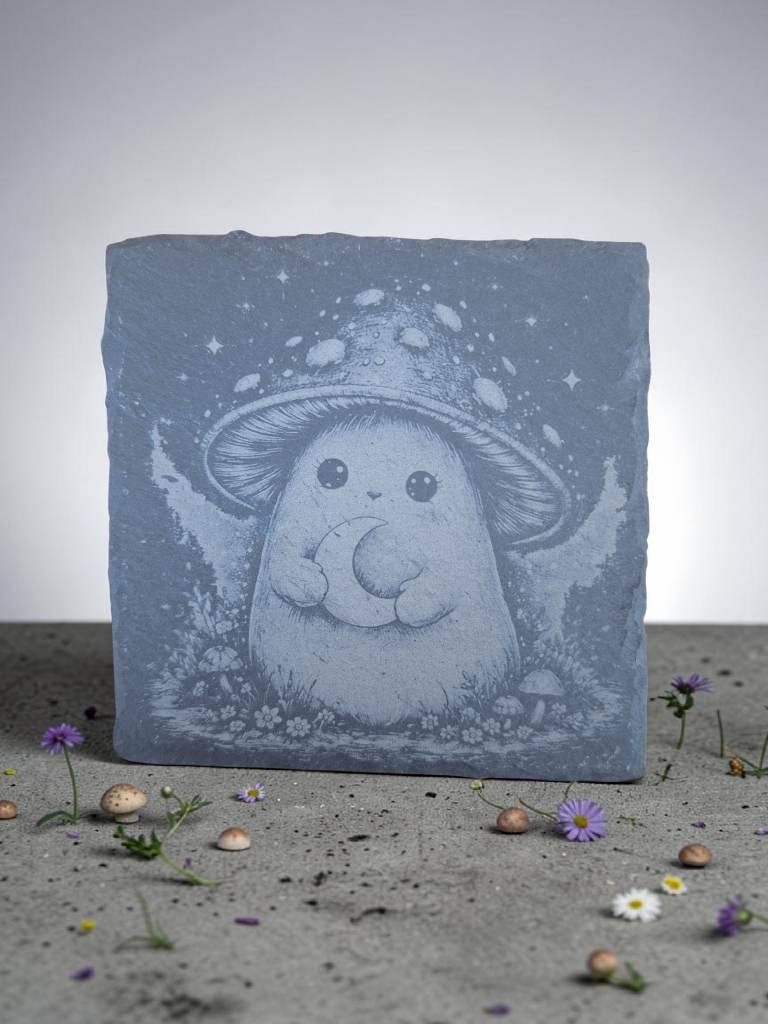 Moon Mushroom Slate Coaster – Cute Celestial Mushroom Spirit – 10cm