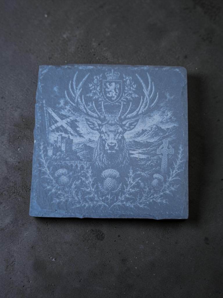 Scottish Stag Slate Coaster – Engraved Highland Deer with Scottish Landscape – 10cm