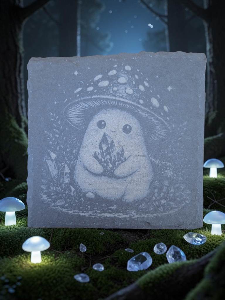 Cute Mushroom Spirit Slate Coaster – Whimsical Fantasy Mushroom Design – 10cm