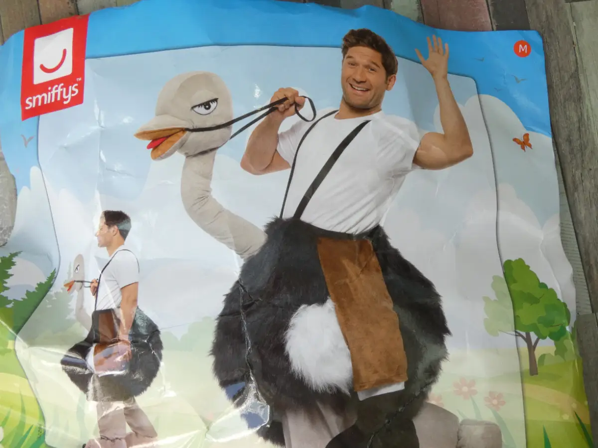 Ostrich fancy dress costume with fake legs
