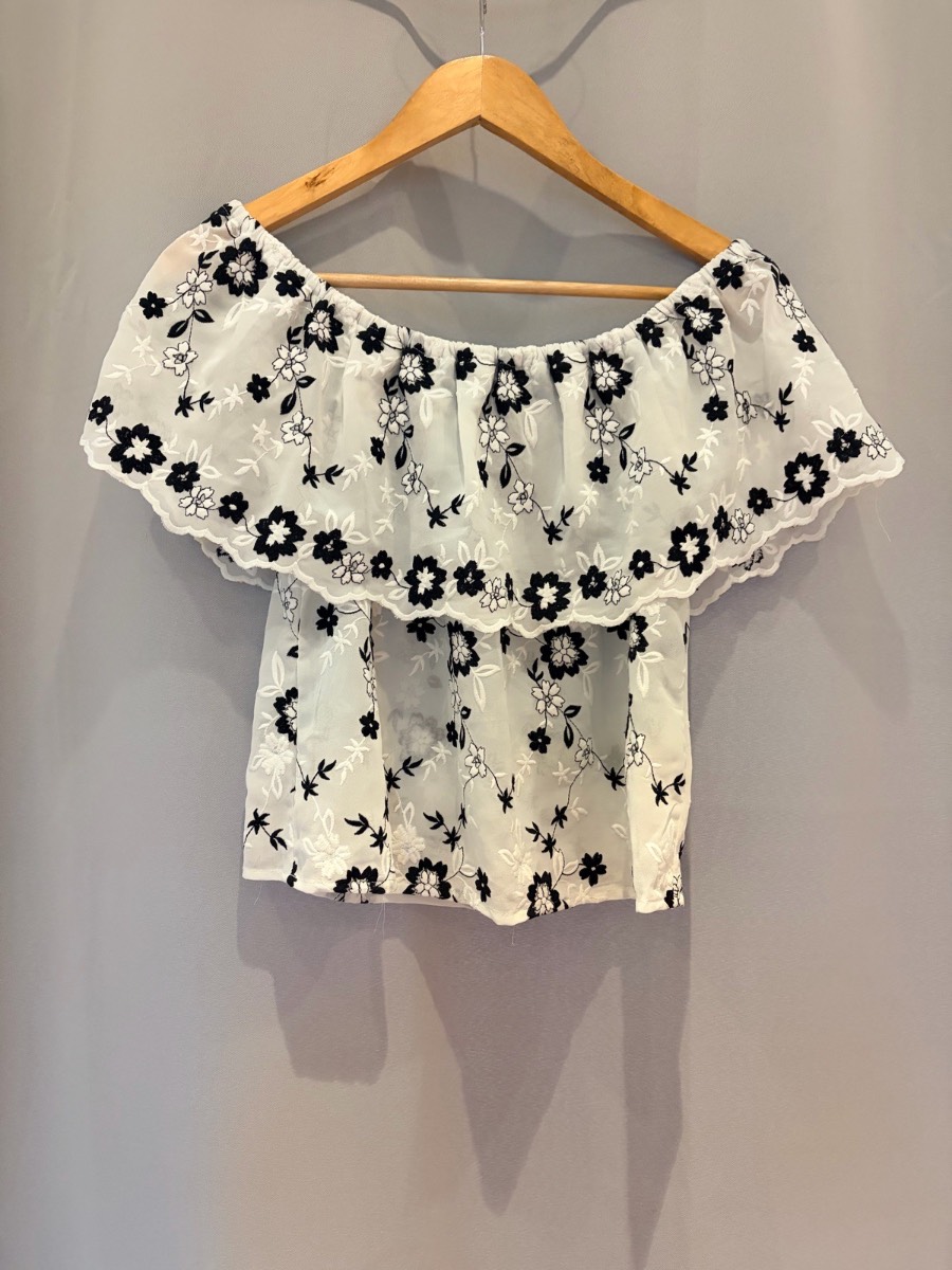 Lipsy White Black Floral Embroidered Bardot Off Shoulder Top Blouse Size UK 10