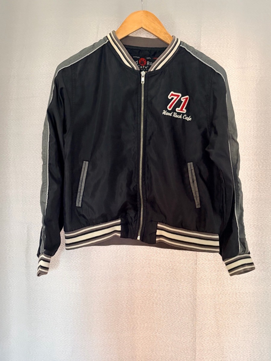 Hard Rock Cafe Phoenix Womens Bomber Jacket Size L 8 10 Black Grey Striped Zip Up