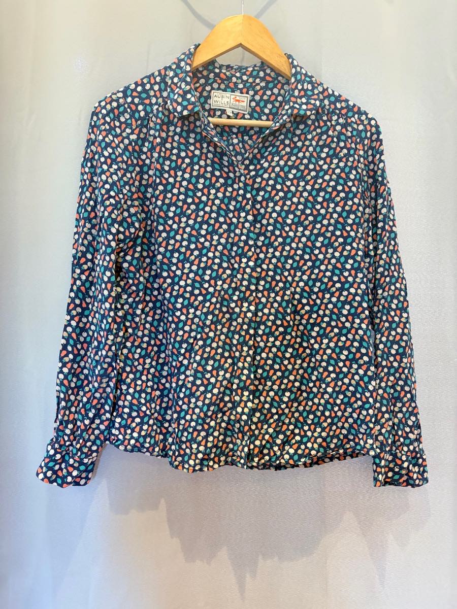 Aubin & Wills 100% Silk Fruit Print Shirt Navy Blue Size 12 Long Sleeve Blouse