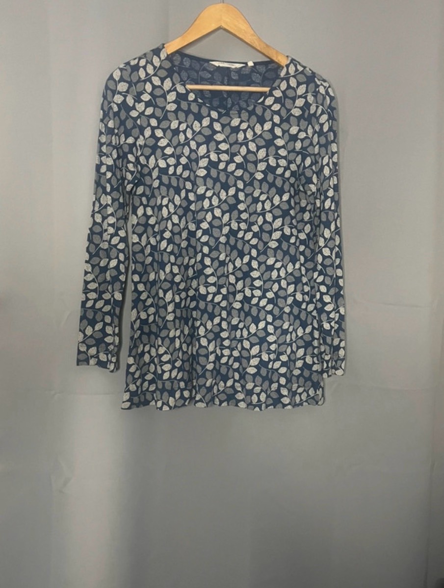 Seasalt Cornwall Carved Slate Top Blue Leaf Print UK 10 Cotton Modal Long Sleeve