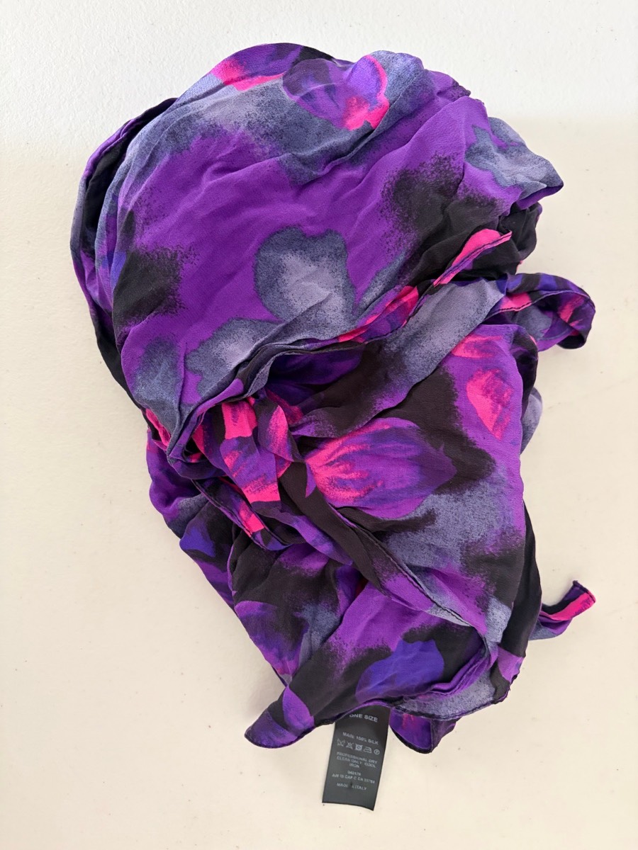 Italian Silk Scarf 12x60" Purple Floral Print Lightweight 100% Pure Silk Wrap