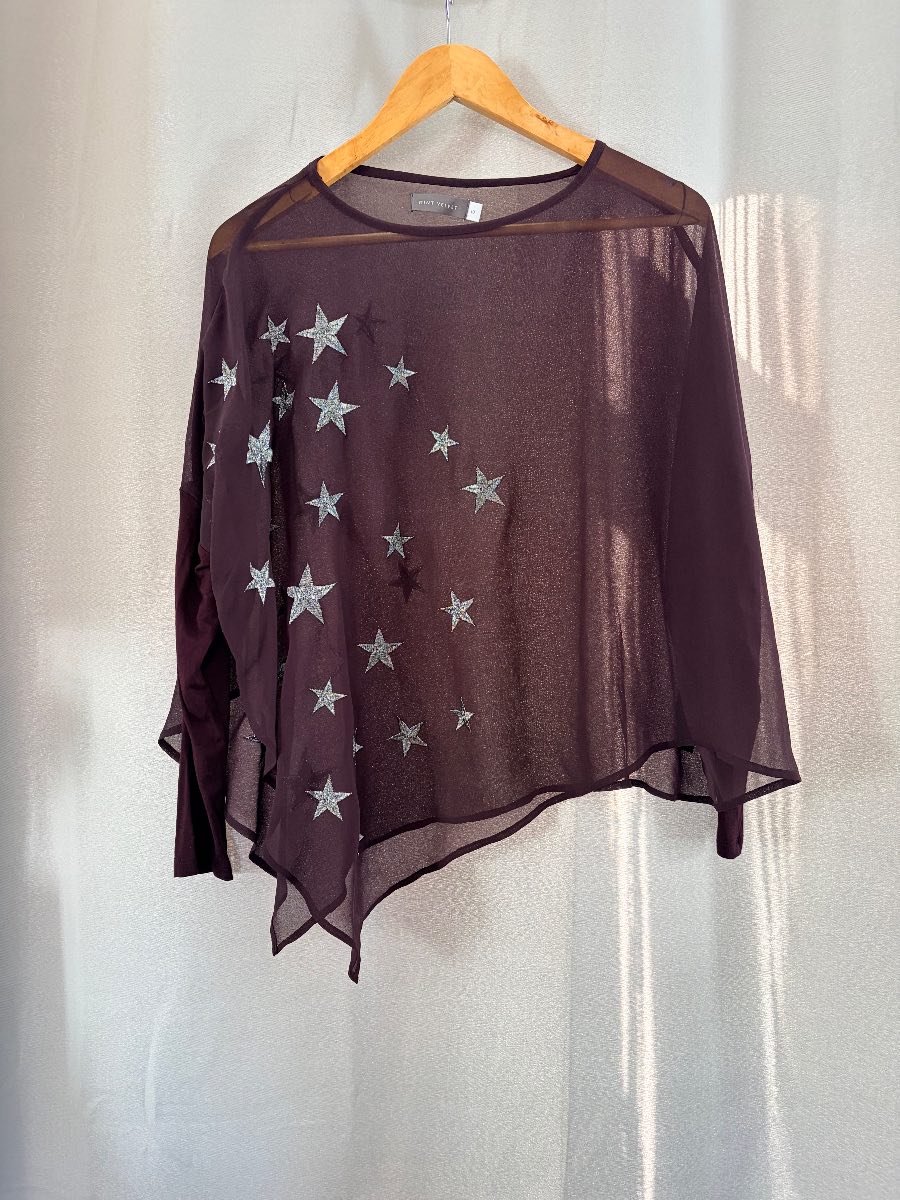 Mint Velvet Womens Sheer Star Asymmetric Top Size 10 Plum Purple Chiffon Blouse