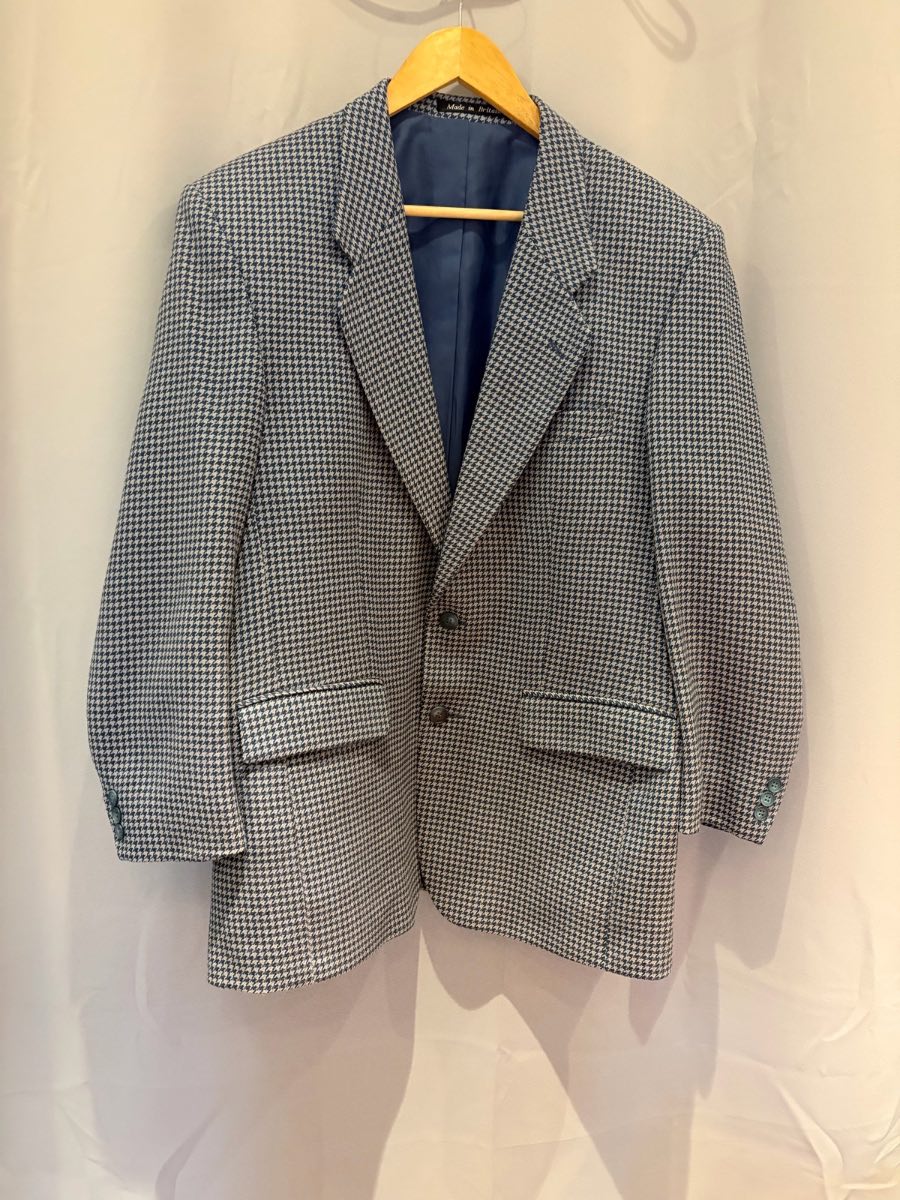 GREENWOODS Mens Tweed Blazer Jacket Size C42R 42 R Blue Grey Houndstooth Wool UK