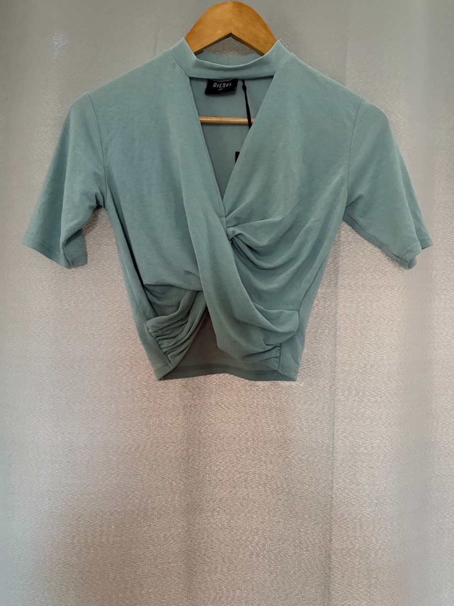 DIESEL Crop Top XS Aegean Sea Green Twist Cut Out High Neck Stretch
